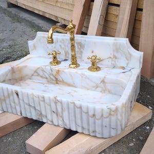 Calacatta GOLD Marble Sink with Backsplash. Wall Mount and Countertop Bathroom Ribbed Vanity Vessel