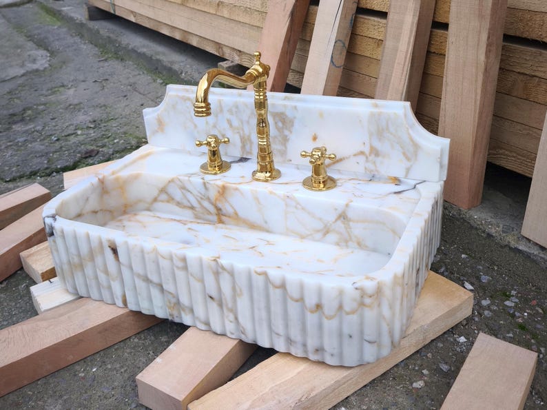 Calacatta GOLD Marble Sink with Backsplash. Wall Mount and Countertop Bathroom Ribbed Vanity Vessel