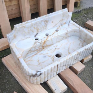 Calacatta GOLD Marble Sink with Backsplash. Wall Mount and Countertop Bathroom Ribbed Vanity Vessel