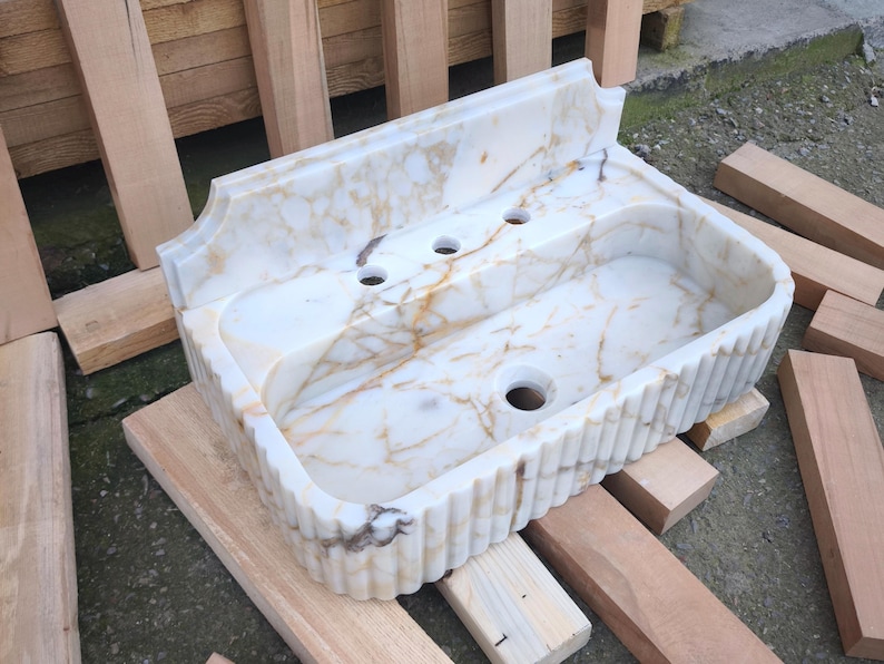 Calacatta GOLD Marble Sink with Backsplash. Wall Mount and Countertop Bathroom Ribbed Vanity Vessel