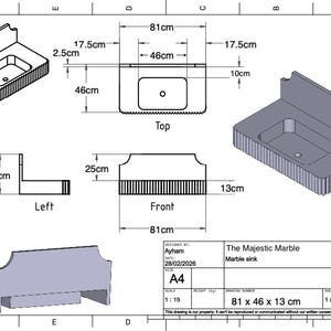 May include: A technical drawing of a marble sink, labeled "The Majestic Marble." The sink is shown from multiple angles, with dimensions in centimeters: 81 x 46 x 13 cm. The design includes a rectangular basin and a decorative back.