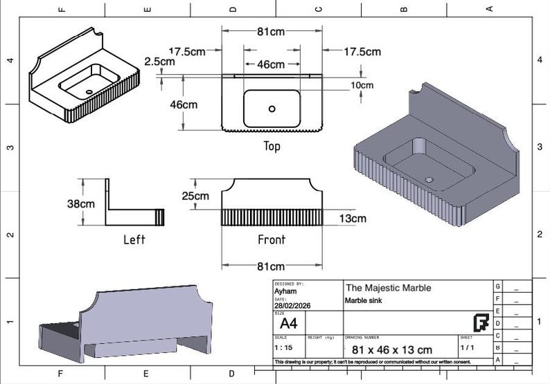 May include: A technical drawing of a marble sink, labeled "The Majestic Marble." The sink is shown from multiple angles, with dimensions in centimeters: 81 x 46 x 13 cm. The design includes a rectangular basin and a decorative back.