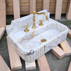 Calacatta GOLD Marble Sink with Backsplash. Wall Mount and Countertop Bathroom Ribbed Vanity Vessel