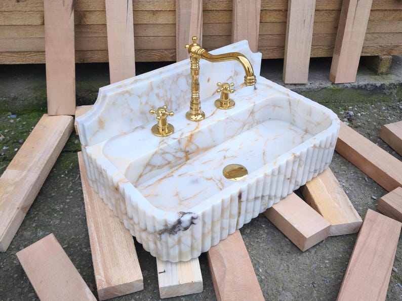 Calacatta GOLD Marble Sink with Backsplash. Wall Mount and Countertop Bathroom Ribbed Vanity Vessel
