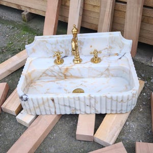 Calacatta GOLD Marble Sink with Backsplash. Wall Mount and Countertop Bathroom Ribbed Vanity Vessel