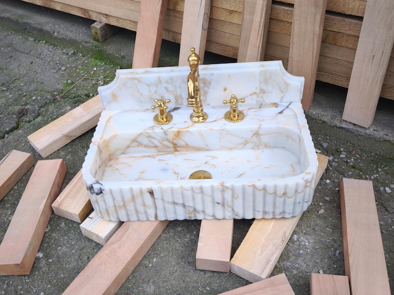Calacatta GOLD Marble Sink with Backsplash. Wall Mount and Countertop Bathroom Ribbed Vanity Vessel