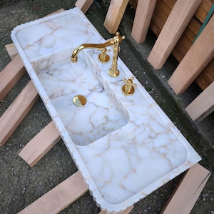 Calacatta Gold Marble Sink. Wall Mount and Countertop Ribbed Bathroom Vanity Vessel Basin