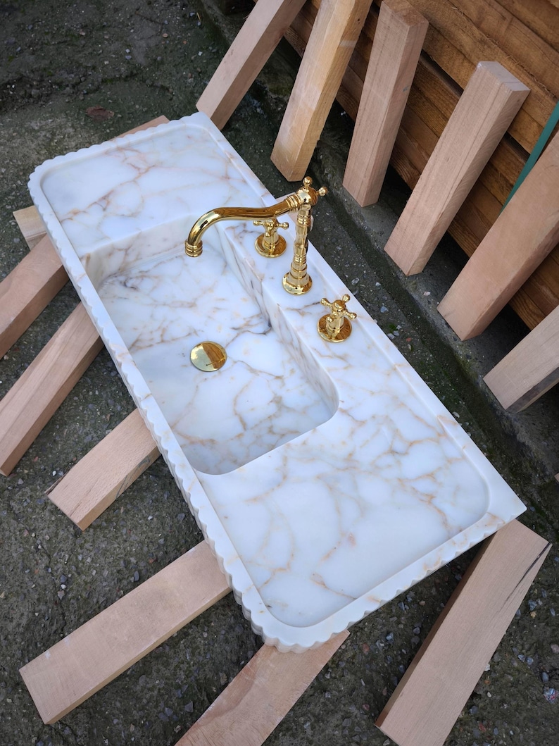 Calacatta Gold Marble Sink. Wall Mount and Countertop Ribbed Bathroom Vanity Vessel Basin