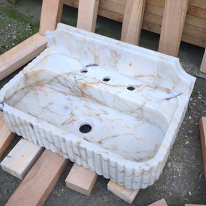 Calacatta GOLD Marble Sink with Backsplash. Wall Mount and Countertop Bathroom Ribbed Vanity Vessel