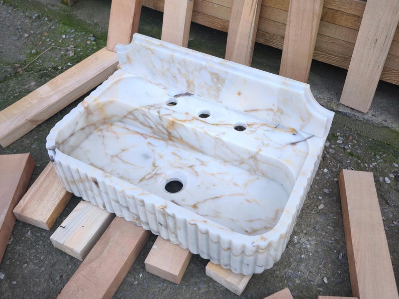 Calacatta GOLD Marble Sink with Backsplash. Wall Mount and Countertop Bathroom Ribbed Vanity Vessel