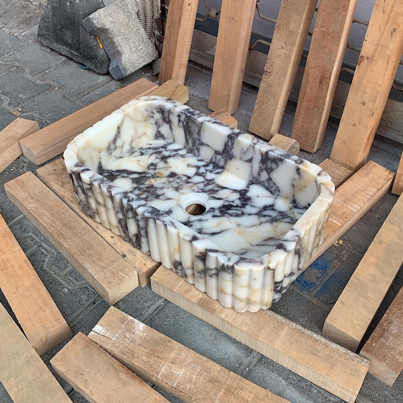 Hand Carved Calacatta Viola Marble Sink, Custom Ribbed Vanity Vessel Basin