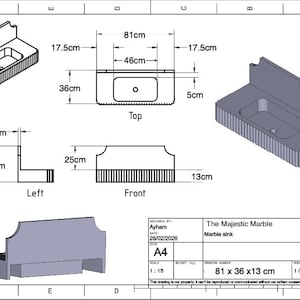 May include: Technical drawing of a marble sink, labeled "The Majestic Marble." Dimensions are provided: 81 cm x 36 cm x 13 cm (31.9 in x 14.2 in x 5.1 in). Includes top, front, and side views with measurements in centimeters.