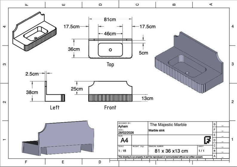 May include: Technical drawing of a marble sink, labeled "The Majestic Marble." Dimensions are provided: 81 cm x 36 cm x 13 cm (31.9 in x 14.2 in x 5.1 in). Includes top, front, and side views with measurements in centimeters.