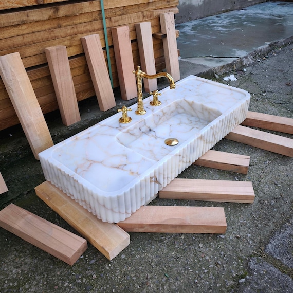 Calacatta Gold Marble Sink. Wall Mount and Countertop Ribbed Bathroom Vanity Vessel Basin