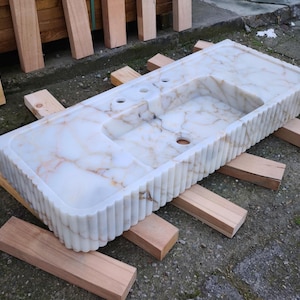 Calacatta Gold Marble Sink. Wall Mount and Countertop Ribbed Bathroom Vanity Vessel Basin