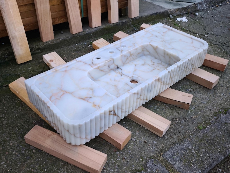 Calacatta Gold Marble Sink. Wall Mount and Countertop Ribbed Bathroom Vanity Vessel Basin