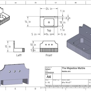 May include: Isometric view of a marble sink design, labeled "The Majestice Marble." Dimensions are provided: 24 x 14 x 5 inches. The sink has a decorative front edge and three holes at the top. The design includes top, front, and left views.