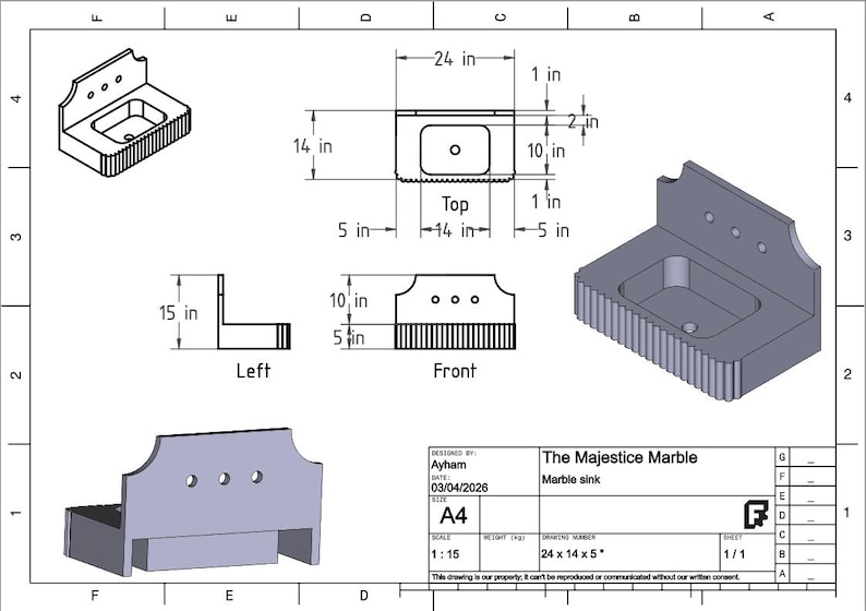 May include: Isometric view of a marble sink design, labeled "The Majestice Marble." Dimensions are provided: 24 x 14 x 5 inches. The sink has a decorative front edge and three holes at the top. The design includes top, front, and left views.