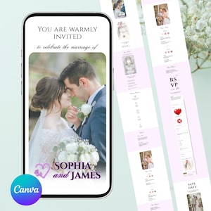 May include: A smartphone displays a wedding invitation with the text "YOU ARE WARMLY INVITED" and the names "SOPHIA and JAMES." The invitation features a photo of a couple and a Canva logo. Additional wedding details are shown on the right.