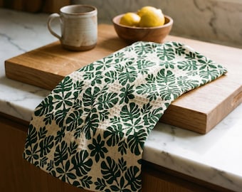 Ulu Leaf Pattern Waffle Weave Kitchen Hand Towel | Green Cream
