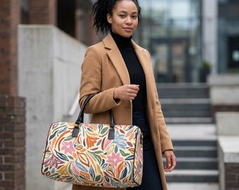 Colorful Floral Pattern Leather Travel Bag | Duffle, Botanical Leaves Print