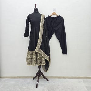 Black Roman Silk Anarkali Gown, Codding Sequence Work, Indian Wedding Party Wear
