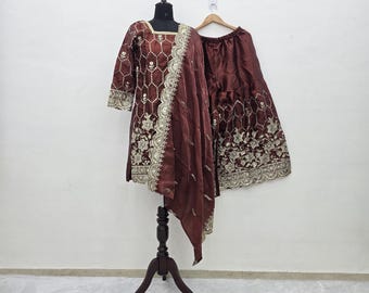 Brown Silk Sharara Suit, Women's Embroidered Festive Wear, Pakistani Indian Outfit