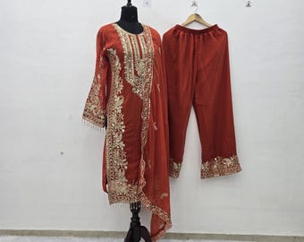 Rust Orange Heavy Embroidered Salwar Kameez Set, Pakistani Party Wear Kurti Pants Dupatta