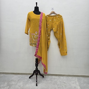 Yellow Embroidered Faux Georgette Patiala Suit with Dupatta, Festive Indian Women Wear, Haldi Outfit