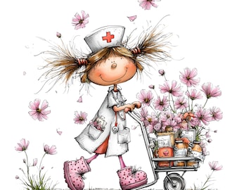 May include: A cartoon illustration of a nurse pushing a cart laden with pink flowers and supplies. The nurse is dressed in a white uniform, a hat with a red cross, and pink polka-dot boots. Pink flowers are scattered around.