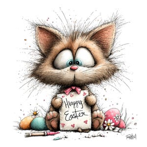 May include: A whimsical illustration of a cartoon cat with large blue eyes, holding a sign that reads "Happy Easter." The cat is surrounded by decorated Easter eggs and art supplies, all set against a white background. The cat wears a pink bow.