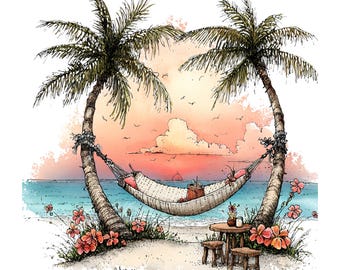 May include: Watercolour illustration of a tropical beach scene. A white hammock with pink cushions hangs between two palm trees. A small table and stools are on the sand, with red flowers and a sunset in the background.