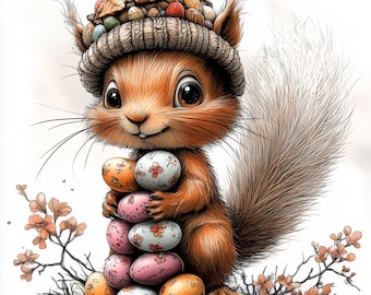 May include: A cartoon illustration of a cute squirrel wearing a knitted hat filled with colourful Easter eggs. The squirrel is holding a stack of decorated eggs, with a fluffy tail and a smiling expression. The image has a white background.