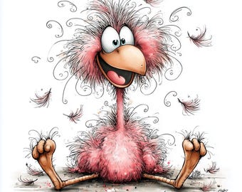 May include: A cartoon illustration of a fluffy pink bird with large eyes and a wide smile, sitting upright. The bird has messy, spiky feathers and is surrounded by several small, loose pink feathers floating in the air against a white background.