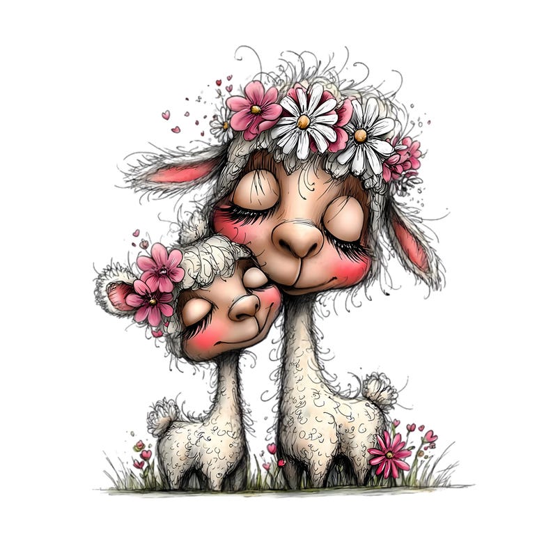May include: A heartwarming illustration of two cartoon llamas embracing. The larger llama wears a floral crown of pink and white flowers. The smaller llama is nestled close, also adorned with pink flowers. The llamas have closed eyes and rosy cheeks, set against a white background.