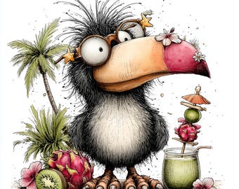 May include: A cartoon toucan illustration, wearing glasses and star-shaped decorations, with a large beak and tropical flowers. The image includes palm trees, a cocktail, and exotic fruits such as dragon fruit and kiwi. The artwork has a whimsical, cartoon style.