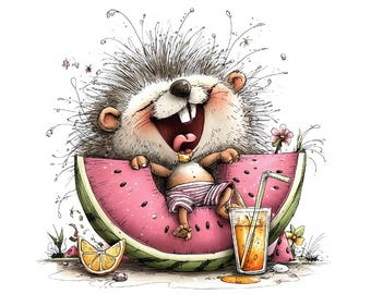 May include: A cheerful illustration of a hedgehog relaxing in a watermelon. The hedgehog is wearing striped shorts and has a drink with a straw. An orange slice and watermelon seeds are also depicted in the image.