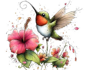 May include: A watercolour illustration of a hummingbird with green and red plumage, wings spread, near a pink hibiscus flower. The artwork features botanical elements and a whimsical style, with scattered petals.