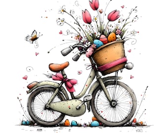 May include: A charming illustration of a bicycle with a basket filled with tulips, wildflowers, and Easter eggs. The bicycle is cream-coloured with a brown seat and pink bow. A butterfly and hearts enhance the springtime theme.