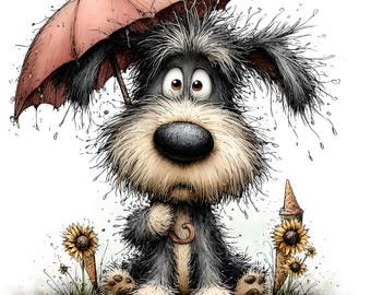 May include: A charming illustration of a dog sheltering from the rain under a pink umbrella. The dog has black and white fur, a large black nose, and big brown eyes. Sunflowers and a small cone-shaped structure are either side of the dog.