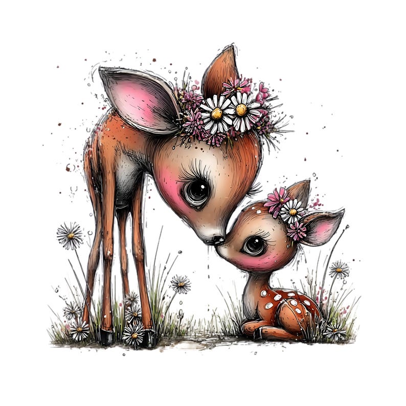 May include: An illustration of two deer, one standing and one sitting, with large eyes and floral crowns. The deer are brown with white spots and pink accents. Daisies and grass are in the foreground.