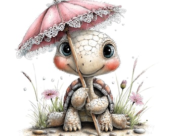 May include: A cute cartoon turtle with a light brown shell and large blue eyes, sheltering under a pink parasol with a lace trim. The turtle is set amongst grass, flowers, and small pebbles, creating a whimsical scene.