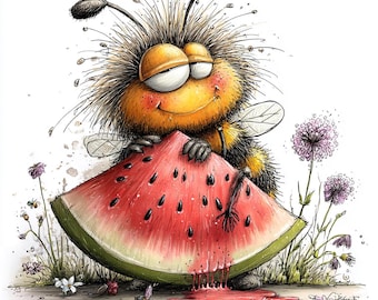 May include: A cartoon bee with a fuzzy head and antennae, holding a large slice of watermelon. The watermelon is red with black seeds, and juice drips onto the ground. Flowers and butterflies surround the bee. The bee is yellow and black.
