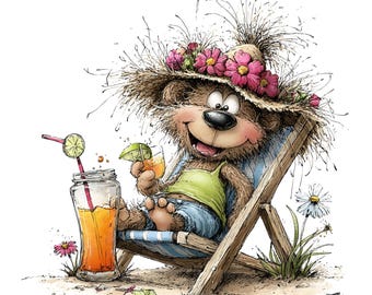 May include: A cartoon bear in a straw hat with pink flowers, lounging in a deckchair. The bear holds a cocktail and a glass of orange juice with a lime wedge. The bear wears a green vest and blue jeans.