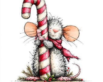 May include: A whimsical illustration of a fluffy grey mouse with large pink ears and a pink nose, wearing a red scarf and hugging a large red and white striped candy cane. The mouse stands amidst small green holly leaves and red berries.