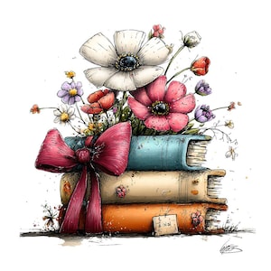 Paquete de 40 imágenes PNG de pilas de libros, libros florales en acuarela, estética de biblioteca de lectura primaveral, diseño de sublimación para profesores.