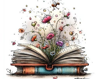 May include: Illustration of an open book with flowers and an insect bursting from the pages. The book has a red cover and blue spine. The flowers are pink, orange, and purple, with green stems and leaves. A whimsical design.