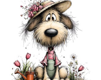 May include: A charming illustration of a dog wearing a straw hat decorated with pink roses. The dog is dressed in a pink shirt and green dungarees, sitting amongst flowers and a watering can. The artwork has a watercolour style with soft colours.