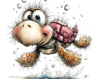 May include: A cartoon illustration of a turtle swimming. The turtle has a large face with big blue eyes, a pink nose, and a red shell. Bubbles surround the turtle, and water splashes below. The image has a whimsical style.