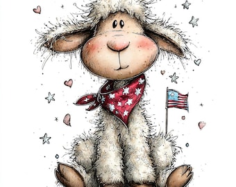 May include: A fluffy white lamb illustration with a large head, wearing a red bandana with white stars. The lamb sits next to a small American flag on a pole. The scene is decorated with scattered pink hearts and grey stars on a white background.